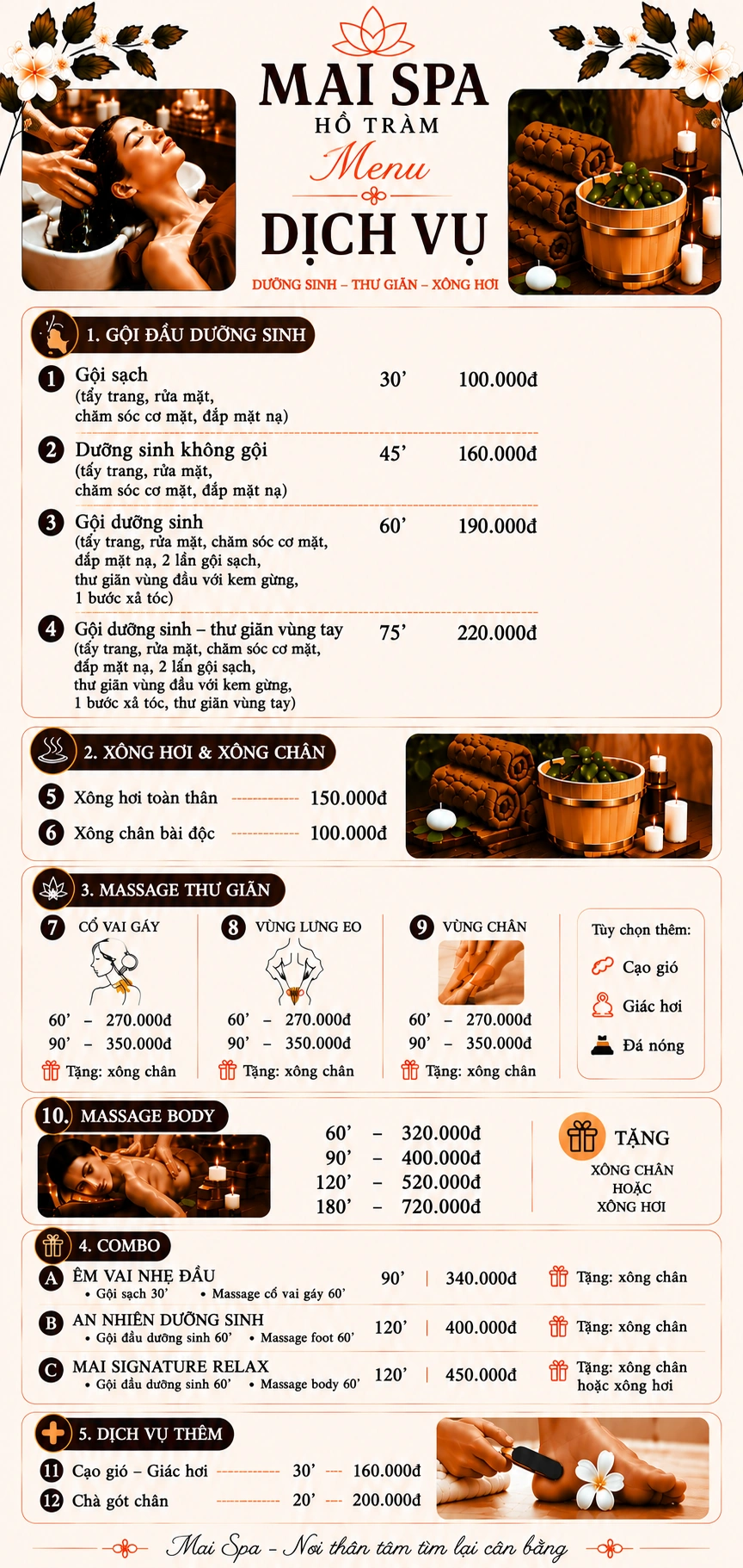 Bảng giá dịch vụ Mai Spa Hồ Tràm — Gội đầu, Massage, Xông hơi, Combo, Dịch vụ thêm